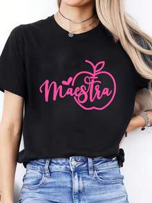 Camiseta Deportiva de Manga Corta con Cuello Redondo para Mujer, Estampado en Letras Españolas, Primavera/Verano - Negro - Ver 1