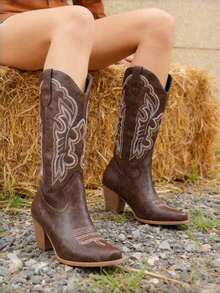 Fashion Retro Women's Cowboy Boots Pointed Toe Embroidery Block High Heel Pull On Wide Calf Cowgirl Boots Country Concert Outdoors Summer Boots - 棕色 - 查看 8