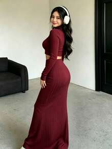 Elegant Sleeveless Maxi Dress, V-Neck, Cutout Design At The Chest, Pleated, Purple Color, New Spring/Summer Style, An Elegant Maxi Dress For Women - 酒紅色 - 查看 3