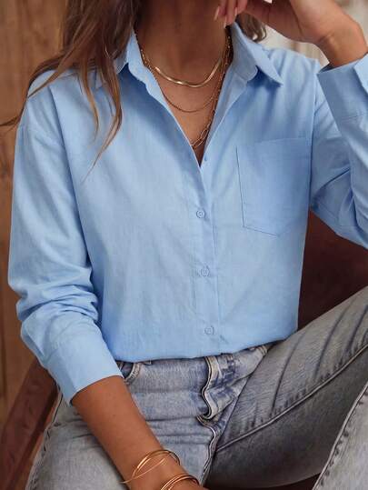 Look Polly Women's Loose Button-Up Shirt In Solid Blue, Suitable For All Seasons | Work, Casual, Office Wear | Vacation Casual Style | Commute-Friendly Versatile Shirt Spring
