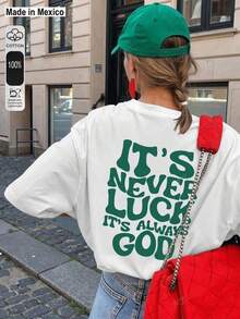 'It's Never Luck, It's Always God' Slogan Print, Women's Oversized Summer Short Sleeve Casual T-Shirt, Women's Summer Graphic Tees, Vacation And Going Out Tops, Women's Summer Short Sleeve Tops - 白色 - 查看 1