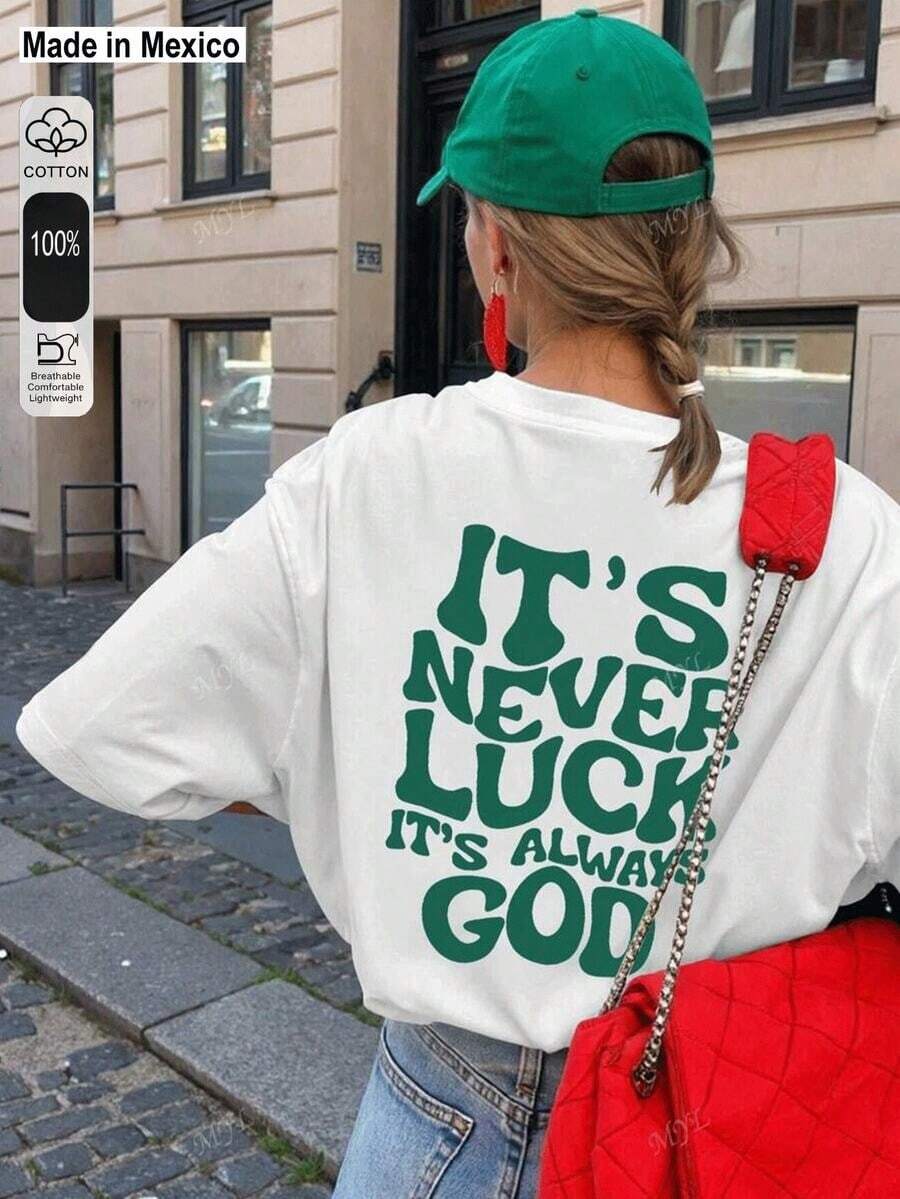 'It's Never Luck, It's Always God' Slogan Print, Women's Oversized Summer Short Sleeve Casual T-Shirt, Women's Summer Graphic Tees, Vacation And Going Out Tops, Women's Summer Short Sleeve Tops - 白色 - 查看 1