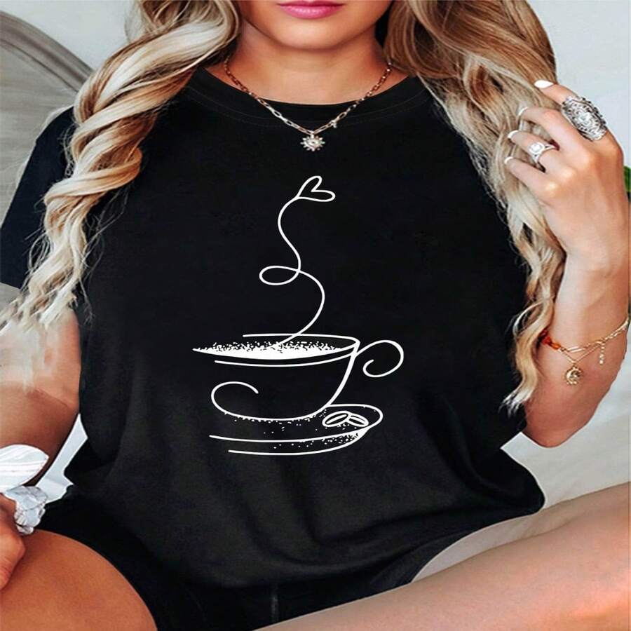 Women's Casual Cotton Round Neck Short Sleeve T-Shirt with Coffee Cup Graphic Print Design, Regular Fit and High Stretch Fabric for Everyday Wear - Negro - Ver 1