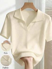 New 2026 Collection: Women's Solid Color Fitted Knit Blouse, Spring/Summer, White, Simple, Casual, With Roll Neck And Raglan Short Sleeves. Solid Color Blouses, Pink Blouses, Baby Pink Blouses. - 淡黃色 - View 7