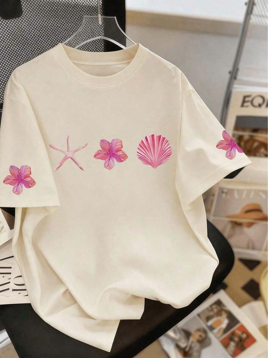 Camiseta de manga corta con cuello redondo y estampado floral y de conchas para mujer de talla grande, versátil para uso diario en verano camisetas para mujer - Estilo - Ver 1