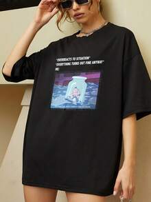 Ilustración de una chica dentro de un frasco flotando en el agua simbolizando la superación de emociones y la calma tras la tormenta camiseta de mujer  casual cómoda y moderna para uso diario - Negro - Ver 1