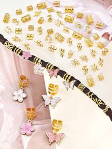 54pcs Floral Fantasy Hair Rings, Including White Heart, Pearl, Daisy, Pink Butterfly And Camellia, Multi-Shape Adjustable Braided Hair Accessories - Gold - View 4
