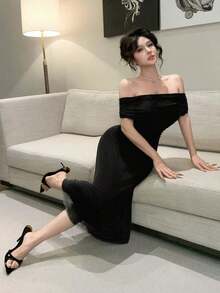 Vestido de hombros abiertos de unicolor, vestido de fiesta elegante para cumpleaños, Año Nuevo, baile de graduación, vestido de cóctel de hombros descubiertos de largo maxi - Negro - Ver 8