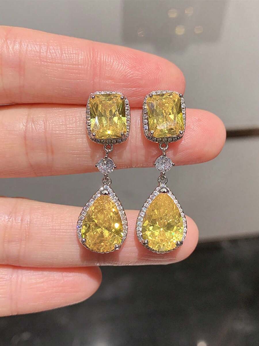 1 Pair Luxurious Cubic Zirconia Earrings, Designed For Women, Suitable For Weddings, Engagements, Anniversary Parties, Valentine's Day Gifts - Yellow - View 1