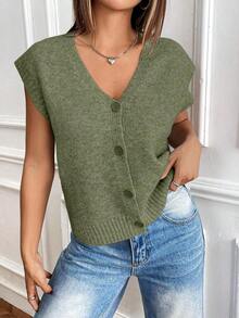 Chaleco de punto de color sólido, informal, de botonadura sencilla para mujer, otoño - Verde militar 2 - Ver 6