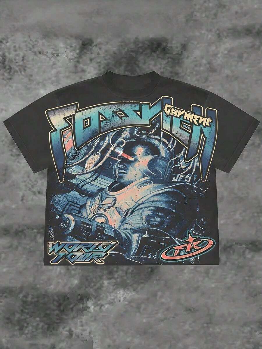 T-shirt graphique Cyberpunk Fossilment avec motif World Tour, confortable et décontracté à manches courtes, en coton épais 220 grammes, imprimé, Halloween - Noir - Voir 1