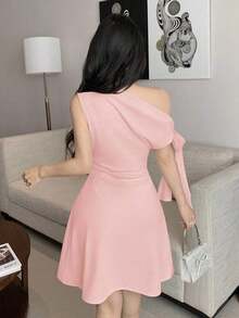 Vestido corto asimétrico con nudo en la cintura para mujer - Albaricoque - Ver 2