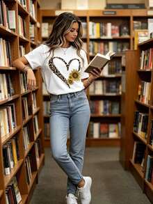 Camiseta Blanca y Negra con Estampado de Corazón de Leopardo y Girasol, Top Casual de Verano para Mujer, Camiseta de Algodón Suave con Cuello Redondo para Uso Diario - Blanco - Ver 3