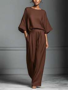 Conjunto de lino con mangas campana, estilo elegante y moderno, nueva colección primavera-verano 2026 para mujer - marrón café - Ver 6