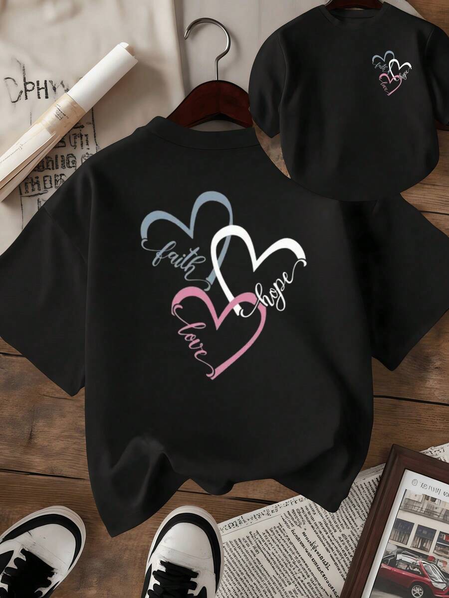 Tres corazones entrelazados que simbolizan la fe la esperanza y el amor transmiten armonía y fuerza interior camiseta de mujer con estampado doble inspiradora y moderna - Negro - Ver 1