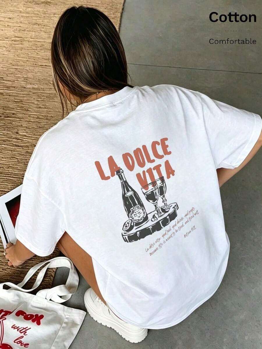 Camiseta para Mujer con Estampado Urbano, Cuello Redondo, Manga Corta, Diseño Oversized, Ideal para Verano - Negro - Ver 1