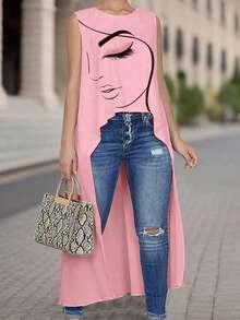 Camisa de mujer sin mangas con estampado de rostro abstracto, corta por delante y larga por detrás, con silueta en línea A - Rosa - Ver 1