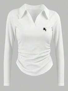 Camiseta blanca de manga larga para mujer con estampado de cerezas rojas dulces, cuello polo, cintura ajustada.Perfecta para el otoño.Nuevo estilo, camiseta de moda.Regalo para vacaciones, regalo para hermanos, regalo para hermana, regalo para mamá, regalo para el Día de la Madre.Informal, minimalista, top con estilo. - Blanco 2 - Ver 8
