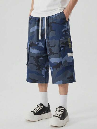 Men's Summer Blue Camouflage Multi-Pocket Cargo Shorts, Elastic Drawstring Waist Loose Straight Knee-Length Outdoor Casual Sports Pants