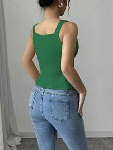 Camiseta sin mangas de un solo pecho de unicolor casual para mujer - Verde 2 - Ver 2