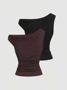 Set de 2 camisetas ajustadas con cuello asimétrico, versátil top casual, primavera/verano - Multicolor 7 - Ver 2