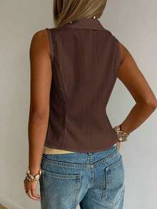 Camisa informal sin mangas con botones delanteros, de tejido negro, para verano - Marrón Chocolate - Ver 2