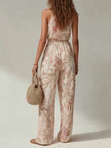 Bohemian Tropical Rainforest estampado elegante temperamento sensual pantalones de cuello en V - Rosado Sandía - Ver 3