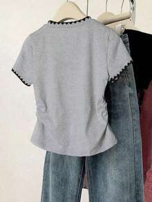 Camiseta casual de cuello redondo de manga corta y unicolor para mujer en verano - Gris 2 - Ver 2