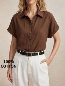 Nueva llegada Camisa casual de manga corta con botones delanteros de unicolor, adecuada para uso diario, primavera/verano - Café integral - Ver 1