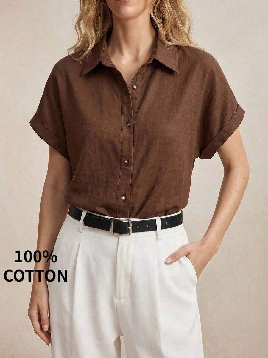 Nueva llegada Camisa casual de manga corta con botones delanteros de unicolor, adecuada para uso diario, primavera/verano - Café integral - Ver 1