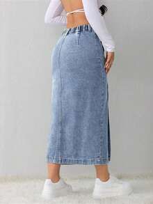 Tall Falda vaquera casual y suelta con abertura lateral, falda midi azul para mujeres altas, falda azul claro, falda azul, ropa de invierno para mujeres - Lavado ligero - Ver 2