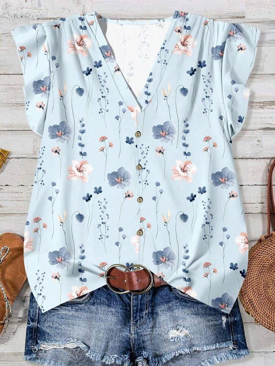 Camisa casual de mujer de manga corta con cuello en V, con estampado de rayas en un estilo minimalista, bohemio, elegante y romántico, retro, adecuado para festivales de música, playa, vacaciones de verano - Multicolor 12 - Ver 1
