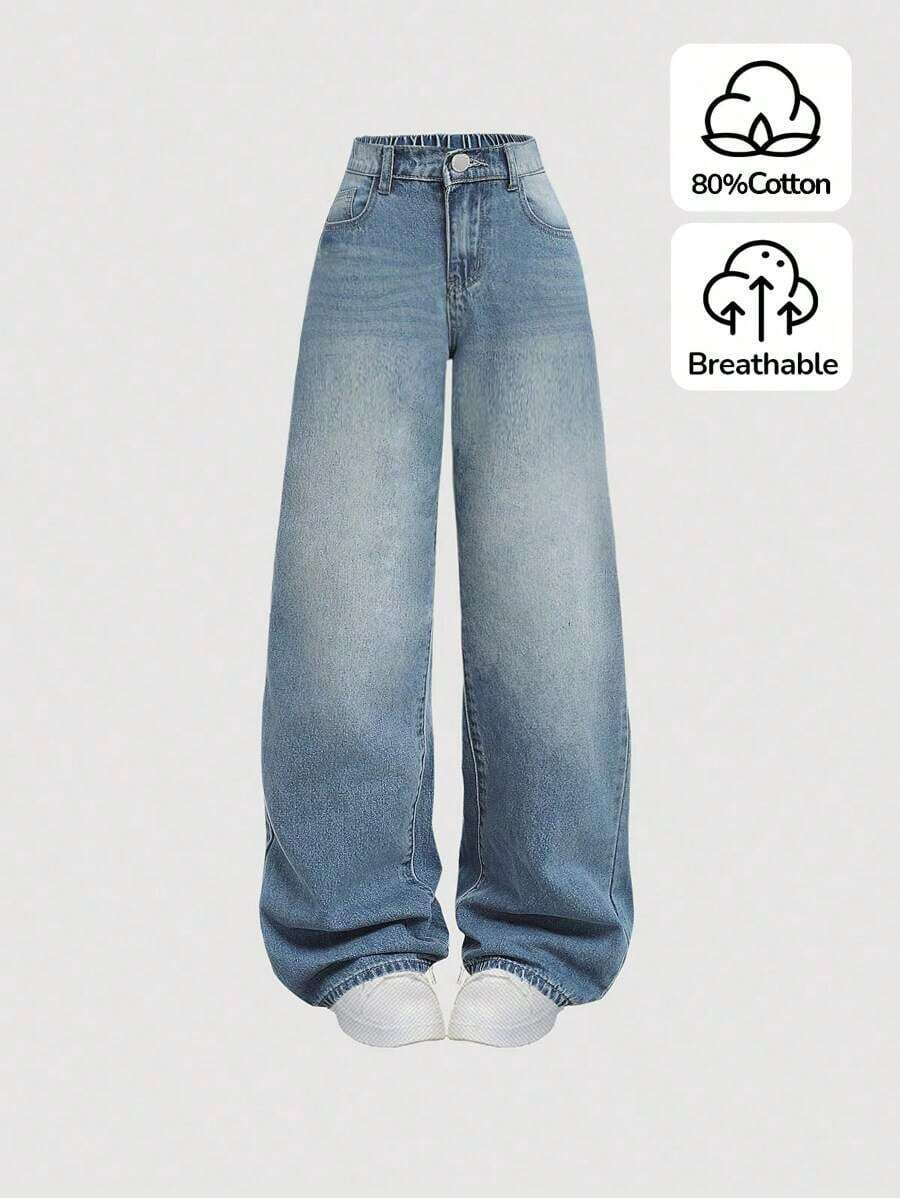 Pantalones vaqueros casuales de ajuste holgado con bolsillos y perneras anchas para adolescentes, jeans de verano para adolescentes - Azul lavado medio - Ver 1