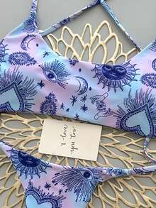 2 piezas Bikini de baño bohemio elegante y casual con estampado de leopardo y estrella, efecto tie-dye con ribete de contraste, adecuado para la playa y vacaciones de primavera/verano - Multicolor - Ver 4