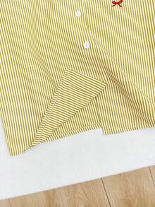 ElCamisa de manga corta holgada con bordado de mariposa a rayas azules para mujer, corta - Amarillo 2 - Ver 3
