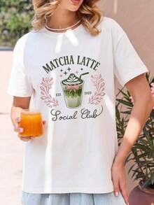Women's Casual Matcha Latte Knit Social Club Graphic Drop Shoulder Short Sleeve Round Neck T-Shirt, Regular Length MDI8 - 白色 - 查看 1