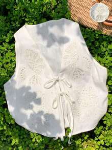 2026 Nuevo Top sin mangas con cuello en V, lazo delantero y bordado floral para mujer, ideal para vacaciones en la playa, uso casual, estilo Y2K de los 2000, primavera, graduación, fiesta de boda, vacaciones elegantes, San Valentín, carnaval, - Blanco 2 - Ver 3