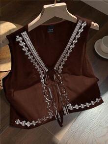2026 Nuevo Top sin mangas con cuello en V, lazo delantero y bordado floral para mujer, ideal para vacaciones en la playa, uso casual, estilo Y2K de los 2000, primavera, graduación, fiesta de boda, vacaciones elegantes, San Valentín, carnaval, - Marrón - Ver 6