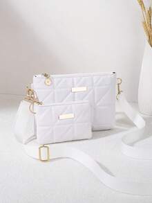 Minimalist Rhombus Pattern Crossbody Bag, Lightweight Versatile Shoulder Handbag With Metal Decor, Suitable For Casual Daily And Commute - White - View 2