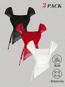 MOD Conjunto de 3 piezas para mujer: Camiseta de malla con mangas acuchilladas y abertura sexy.Camiseta de malla negra, roja y blanca, romántica, para primavera/verano, romántica, elegante para vacaciones, fiestas, ceremonias, vacaciones en la playa, salidas, camisetas de tirantes, tops de entrenamiento para mujer - Multicolor - Ver 4