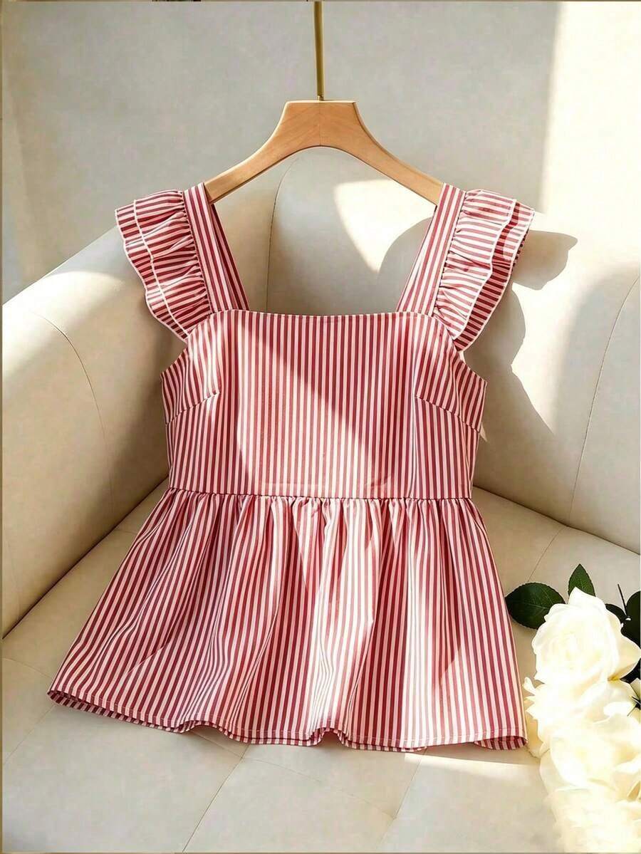 Blusa de mujer de cuello cuadrado a rayas azul y blanca con mangas acampanadas con volantes y dobladillo con doble volante de longitud corta, estilo minimalista casual de oficina y vacaciones, nueva llegada 2026 - Burdeos - Ver 1
