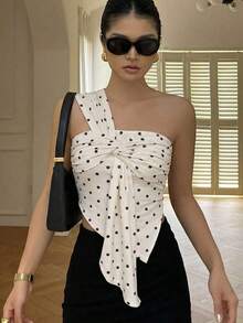 Top camisero sexy de hombros descubiertos, nuevo diseño de verano con detalles de pliegues asimétricos, blusa corta ajustada - Beis - Ver 2