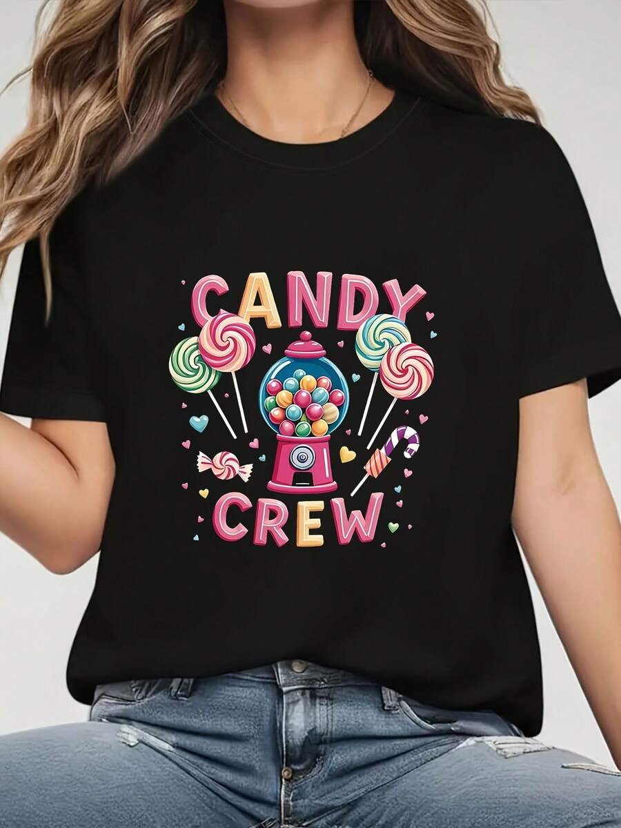 Camiseta de Mujer Nueva Colección Verano 2026, Colorida y Linda con Estampado de Texto 'Candy Squad', Cuello Redondo y Manga Corta para Primavera Verano UPLR - Negro - Ver 1