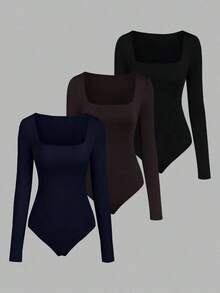 Sweetro Set de 3 bodys de manga larga para mujer en color albaricoque, marrón café y negro, de ajuste ceñido y estilo minimalista y versátil para el día a día - Multicolor 3 - Ver 3