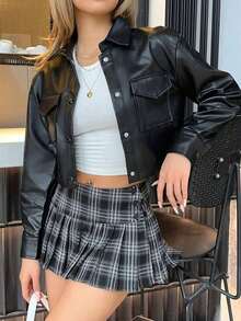 Chaqueta de PU con botones, bolsillo con solapa y hombros caídos para otoño/invierno - Negro - Ver 4