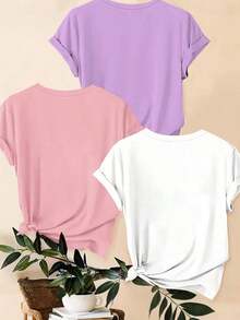 LUNE Set de 3 camisetas de tallas grandes con estampado de leopardo, corazón y lema gráfico, para verano - Multicolor 2 - Ver 2