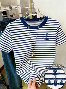 Camiseta de mujer de manga corta con cuello redondo, estampado de rayas y cara sonriente de dibujos animados, versátil para uso diario - Multicolor - Ver 5