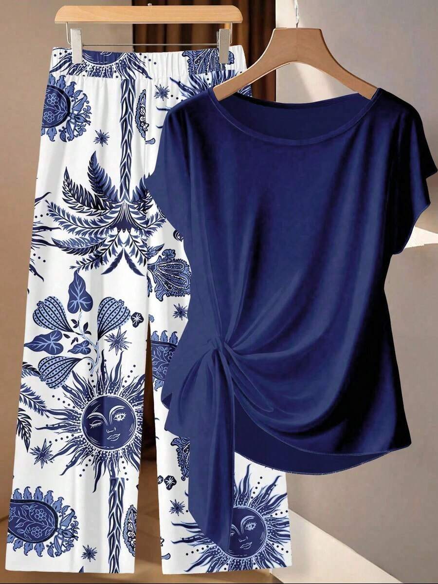 Conjunto de 2 piezas de blusa con lazo y pantalones rectos para mujer, informal - Multicolor 18 - Ver 1