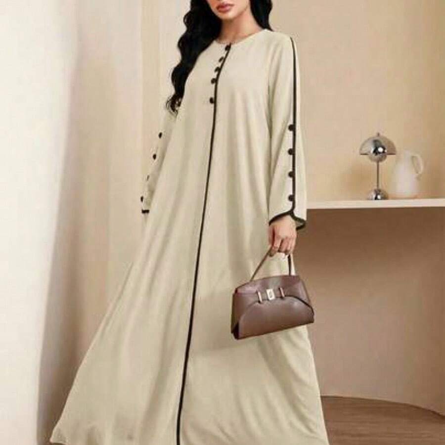 Women's Casual Arabic Style Long Sleeve Round Neck Button Design Dress - Albaricoque - Ver 1