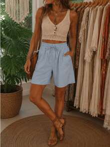 Bermuda ligera mujer short unicolor con costura de contraste, pantalón corto con cintura ajustable dama para vacaciones - Azul - Ver 2